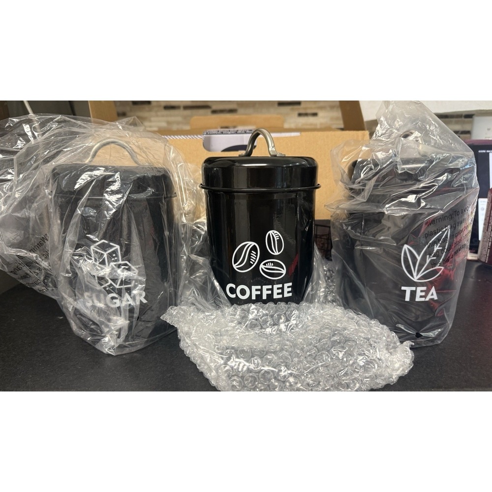 Vintage Inspired Black Metal Coffee, Tea & Sugar Canister Set 3pcs Lids Handles